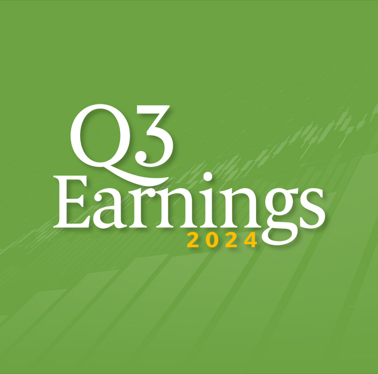 Q3 earnings 2024 on a green background with stock market chart graphics